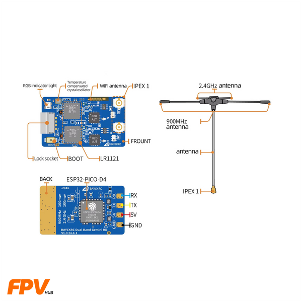 Приймач BAYCKRC 900MHz/2.4GHz ELRS Dual Band Gemini з двома антенами Приймач BAYCKRC 900MHz/2.4GHz ELRS Dual Band Gemini фото